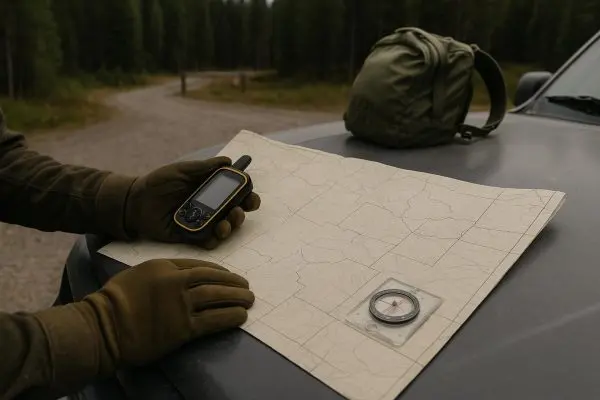 Hunter checking a paper map and handheld GPS beside a public-land trailhead sign