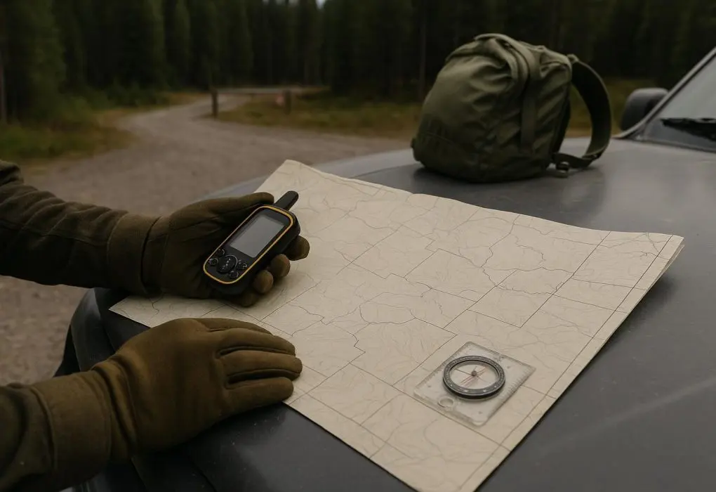 Hunter checking a paper map and handheld GPS beside a public-land trailhead sign