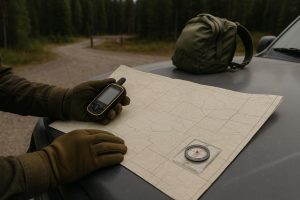 Hunter checking a paper map and handheld GPS beside a public-land trailhead sign